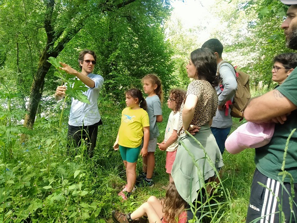 Un grupo de nenos e adultos participando nunha actividade de educación ambiental no campo, cun educador sinalando unha planta.