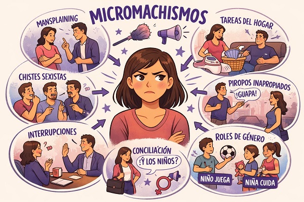 Ilustración sobre micromachismos en situaciones cotidianas y relaciones sociales